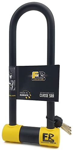 FR SECURITE FR85300 Lucchetto a U Alta Sicurezza Omologato SRA, Arco ø18 Acciaio Temperato Doppio Blocco Antigraffio, Serratura Antistrappo, U-lock Antifurto 85x300mm per Moto, Scooter, Bici
