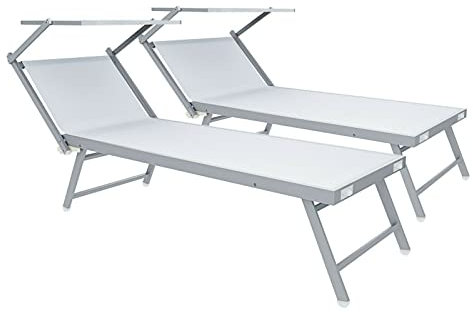 Coppia Di Lettini Prendisole 720 gr/m² Pieghevole Professionale In Alluminio Tettuccio Orientabile Parasole Sdraio Lettino Prendi Sole Mare Spiaggia Piscina Giardino 182 x 60 x 38 cm (Bianco)