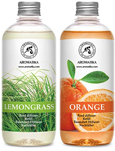 Recharge Diffuseur Set Citronnelle & Orange 2x500 ml - Lemongrass & Orange - Huile Essentielle Naturelle de Citronnelle & Orange - Fragrance Fraîche - Desodorisant Maison - Aromathérapie
