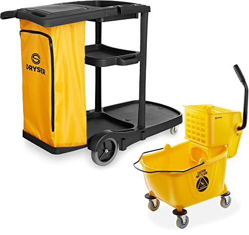 Dryser Commercial Janitorial Cleaning Cart on Wheels with Cover, Shelves and Vinyl Bag & Commercial Mop Bucket with Side Press Wringer, 26 Qt. Yellow