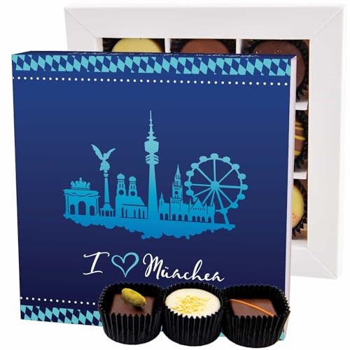Hallingers Genuss Manufaktur Pralinen Geschenk - ohne Alkohol, handmade aus Confiserie-Edelkakao in wertiger L-Geschenkbox I love München, Geschenkidee für Frauen Männer
