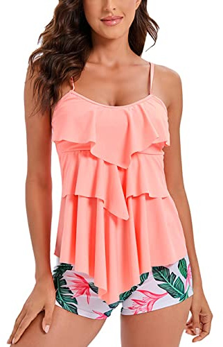 FLYILY Maillot de Bain 2 Pièces Femme Tankini Ensembles à Volants Maillot Haut Imprimé avec Short de Garçon Maillots de Bain Grande Taille(Orange,M)