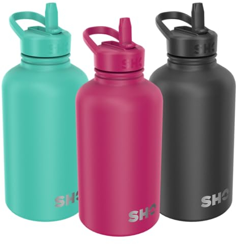 SHO Stainless Steel Guzzler Water Bottle with Straw Lid - Leakproof, Dishwasher Safe, BPA Free, No Sweat, Vacuum Insulated Double Walled Metal Flask, 950ml & 1900ml - 24 Hours Cold (Raspberry, 1900ml)