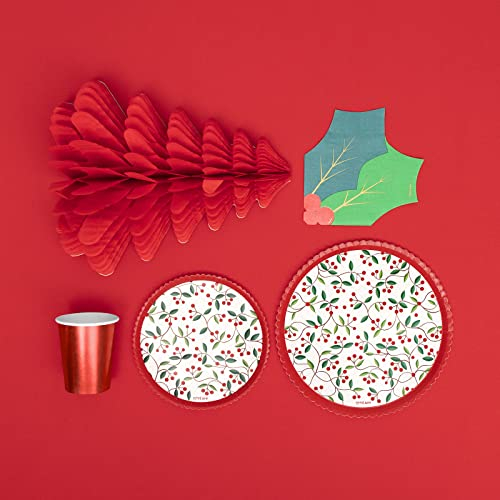 Horeca Collection Kit Vajilla de cartón Desechable con decoración de Navidad en color rojo y estampado de acebo para 6 personas. Perfectos Celebraciones y Eventos. (Pack 6 Personas)