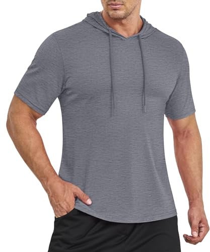 EKLENTSON Short Sleeve Hoodies Men Lightweight Cotton Casual Stylish T Shirt Gym Hooded Running Sports Top Dark Grey,M