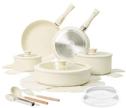 Chef Power Set di pentole e padelle antiaderenti in ceramica da 19 pezzi con manico staccabile, set di pentole lavabili in lavastoviglie a induzione, set da cucina per camper, manico rimovibile,