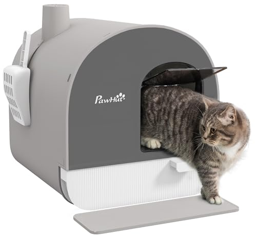 PawHut Lettiera per Gatti Chiusa, Casetta con Vassoio Estraibile, Paletta, Porta e Filtri Antiodore, Toilette per Gatti Antipertita con Tappetino, Grigio e Nero