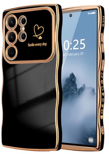 LCHULLE Kompatibel mit Samsung Galaxy S22 Ultra 5G Hülle Liebesherz Handyhülle Wellen Lockige Form Mädchen Kameraschutz Luxus Galvanik Schutzhülle Girls Silikon Case für Samsung S22 Ultra 5G Schwarz