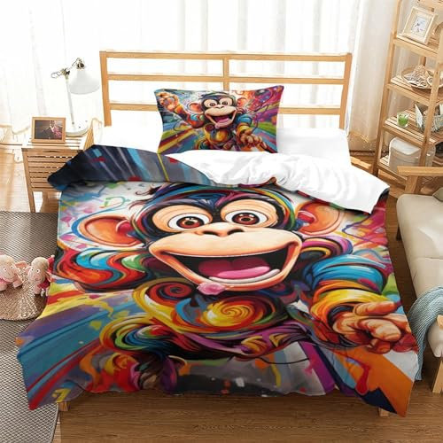 KAYZTGSDA 3D-bedrucktes Bettwäsche-Set mit Affenmotiv, weiche Mikrofaser mit Reißverschluss, Kissenbezüge für Jugendliche und Erwachsene, Einzelbett (135 x 200 cm)