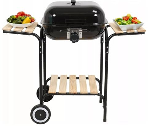 Portable BBQ Grill Charcoal, Carrying Handle, for Outdoor Barbecue Cooking, Hambur 18 inch BBQ Grill Charcoal Grills with Wheels Stand & Wooden Wings Shelf Caravan Camping Black