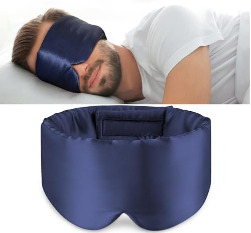 Silk Sleep Mask Soft Pressureless: 100% Mulberry Silk for Eye Skin Anti Wrinkles, Large Size for Total Blackout, Adjustable Wide Velcro Ear Cover Navy Blue
