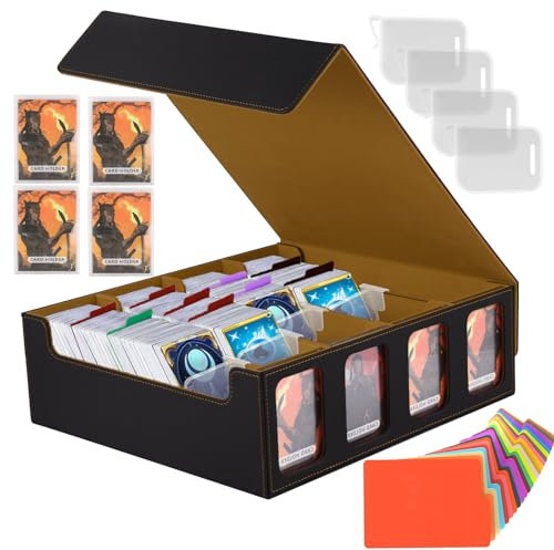 Caja para cartas Magic the Gathering, 4 Filas Cuero de PU Magnetic Flip Deck Box, Caja de Almacenamiento de Tarjetas coleccionables con 24 divisores coloridos para más de 3000+ tarjetas (blackgold)