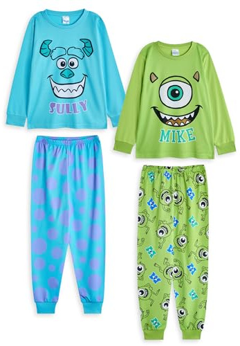Disney Monsters Inc Jungen-Pyjama-Set, 2er-Pack | Sully & Mike Grafik-Langarmoberteil und langbeinige Pyjamahose für Kinder in Blau und Grün | Kinder-Nachtwäsche mit Charakter-Allover-Print