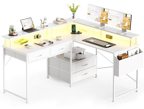 Flrrtenv 130x120cm L Shaped Desk with LED Lights & Power Outlets, 4 Drawers Reversible Gaming Corner Computer Desks for Workstation, Home Office Desks with Monitor Shelf & Storage Shelves White