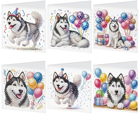 JISHSHAY 6 Pack Diamond Painting Grußkarten Hund Diamant Painting Glückwunschkarten Tiere Basteln Erwachsene Geburtstagskarten Husky Mosaik Bastelset Erwachsene Crystal Art Dankeskarten mit Umschlag