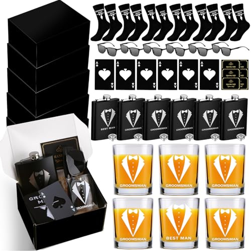 DHQH 42PCS Groomsmen Proposal Gift Box with Wine Glass Sunglasses Socks Bottle Opener Groomsmen Gifts for Wedding Groomsman Best Man Gift (Black)