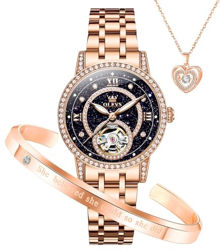 OLEVS Women's Watch Automatic Mechanical Diamond Skeleton Silver Luxury Dress Waterproof Luminous Watches for Women Gift Box Set