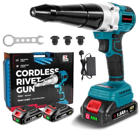 ONEVAN Pinza per rivetti a batteria, corsa 20mm, 20000N, pistola senza spazzole, automatica, con 2 batterie e 4 guide (3,2/4,0/4,8mm) per rivetti da Ø2,4-5,0 mm