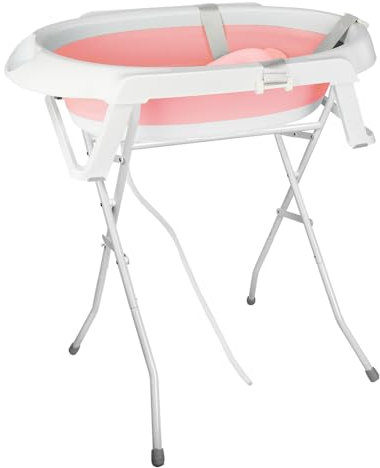 Bañera plegable para bebé con soporte de acero, cojín de baño ergonómico y manguera de drenaje – bañera plegable sobre pie – 0-2 años (rosa con soporte, 66x61x82cm)