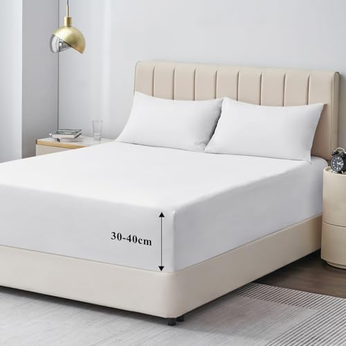 Aisbo Spannbettlaken 200x200cm Bettlaken Boxspringbett - Bett Laken Weiß 200x200 aus Premium Mikrofaser, weiches Spannbetttuch 200 x 200 Weiss Steghöhe 40cm für Wasserbett Bed Fitted Sheet