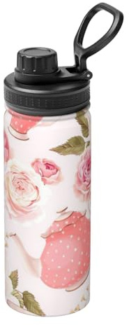 Tazze da tè con rose romantiche stile shabby chic, bollitore termico sportivo da 510 g, bollitore da esterno, bollitore in acciaio inox, bollitore ecologico