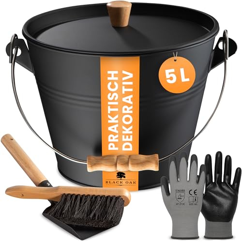 BLACK OAK Ascheeimer Pago 5L - mit Deckel + Feger, Schaufel & Handschuhen | - 5L groß - schwarz Deckel mit Holz-Griff Stahl feuerfest, verzinkt, pulverbeschichtet Eimer für Asche Kohle modernes Design