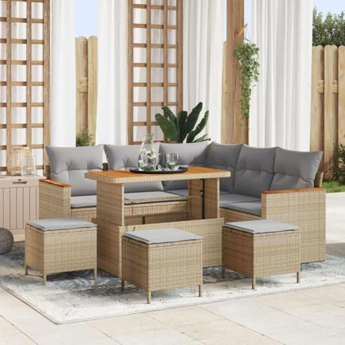 Tonture Garten-Sofa-Set mit Kissen, 9-teilig, Beige Poly Rattan, modulare Outdoor-Sitzgruppe für Terrasse & Balkon, wetterfest, für 8 Personen