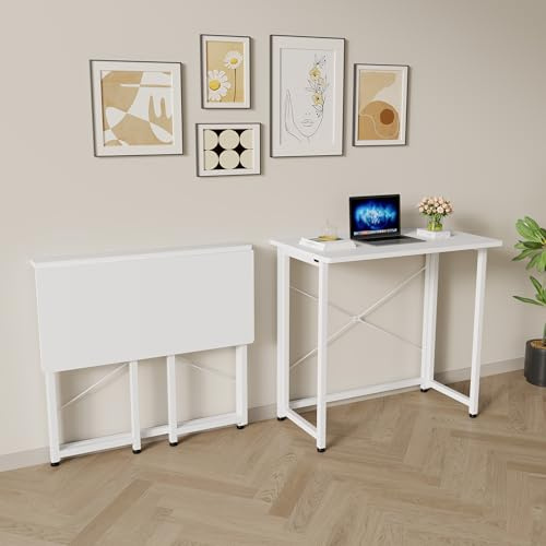 Computer Desk Fold Easily - 80cm PC Computer Workstation Adjustable Height & Anti-Slip, Contemporary Laptop with Durable Metal Pipe Structure, Compact Wooden Folding Desk for Study, Offices- White