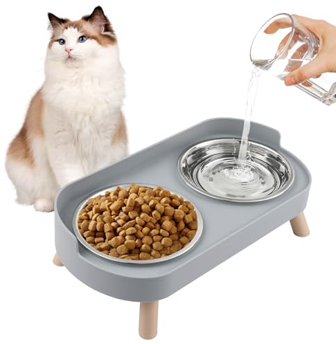 YooxArmor Elevated Cat Bowl,Raised Cat Food and Water Bowl Set for Indoor Cats,Splash Proof with 2 Stainless Steel Pet Food Bowls(400ml) for Cats and Puppies,Dishwasher Safe