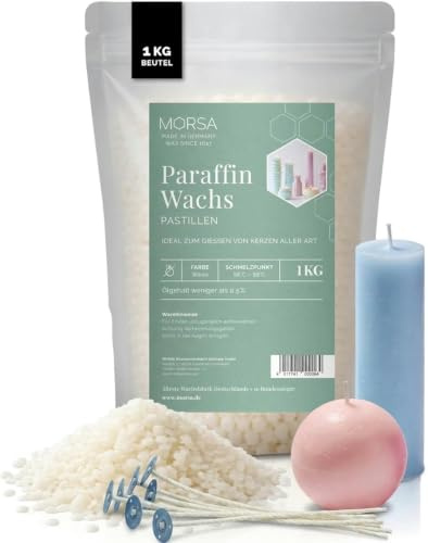 MORSA Premium Paraffinwachs Weiß (1kg) Verschiedene Größen mit Dochten – 100% Paraffin Pastillen als Kerzenwachs zum Gießen - Kerzensand Wachs für Kerzen Unparfümiert – Qualität aus Deutschland