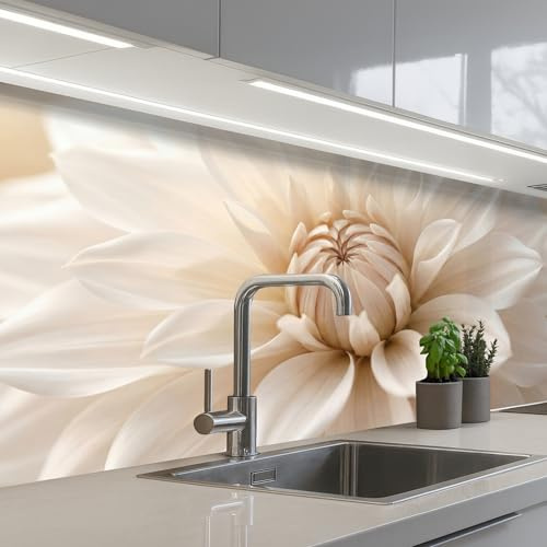 KitchenYeah© Rückwand Küche Rückwandschutz Selbstklebend Spritzschutz | 80x200 cm - Küchenrückwand Küchenfront Küchen Selbstklebende Küchenrückwände Blume - Dahlie - Weiß