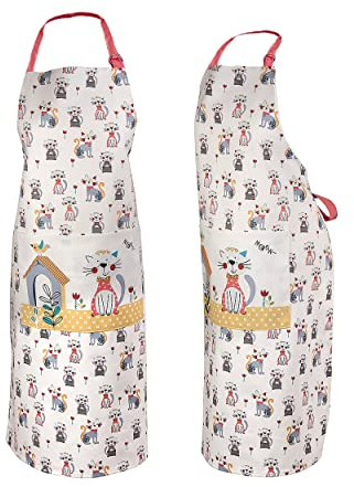 SPOTTED DOG GIFT COMPANY Kochschürze Damen, Küchenschürze mit Katzenmotiv 100% Baumwolle, Schürze Katzen Verstellbar mit Tasche zum Kochen Backen, Geschenke für Katzenliebhaber