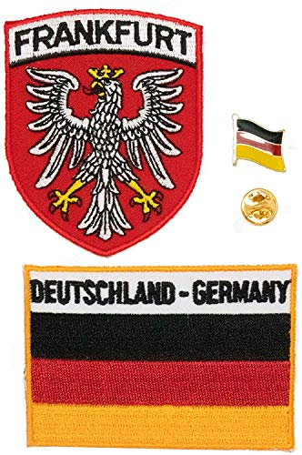 A-ONE 3 Stück – Deutschland Frankfurt mit weißem Storchschild + Deutschland-Flaggenaufnäher + Deutschland-Flagge Anstecknadel, Aufnäher, Emaille-Abzeichen No.044B