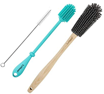 LeMuna Water Bottle Cleaner Brush Set (Long Silicone Bottle Brush & Wooden Handle Silicone Bottle Brush) with Straw Brush for Narrow Neck Containers, Hydro Flask, Sports Bottle, Glassware