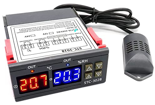 RUIZHI STC-3028 Medidor Digital de Temperatura y Humedad,110-220V 10A Termostato Dual Digital Display Regulador de Temperatura con Doble NTC Sonda de Calefacción Sensor