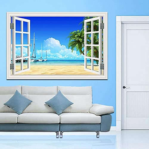 Adesivi Murali Barca A Vela Sul Mare Adesivo Murale Per Finestre Sul Mare, Decorazioni Per Carta Da Parati Con Paesaggi Marini, Adesivo Murale Per Finestre 3D, Murales Per Ufficio Hotel-50X70Cm