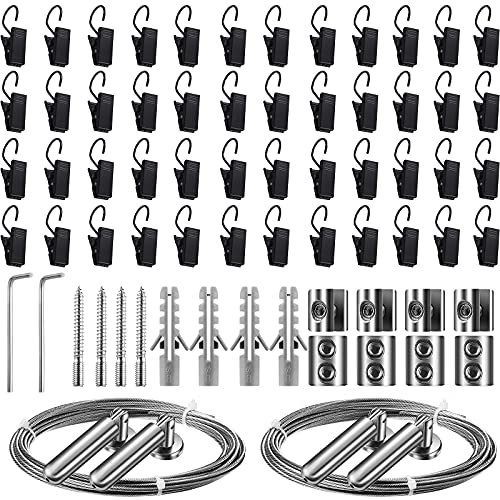 Jetec 5 m Draht-Gardinenstange, Raumteiler, Hängesystem mit 48 Clips, verstellbarer Vorhangdrapierung, Drahtstangen-Set für Tapisserie, Foto, Bild, Kinder, Basteln, Kunst, Display, Wand, Fenster,