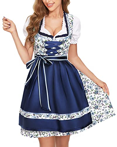 BENNIES Dirndl Damen midi Trachtenkleid Trachtenrock Trachtenmode Kleid Dirndlbluse für Oktoberfest Blau 46