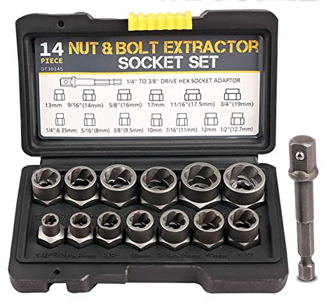 9,5mm Vierkant-Antrieb Bolzenextraktor-Set, 13-teilig 6,35-19mm Radmuttern-Entferner-Set inkl. 1x 6,35mm auf 9,5mm Sechskant-Stecknuss-Adapter