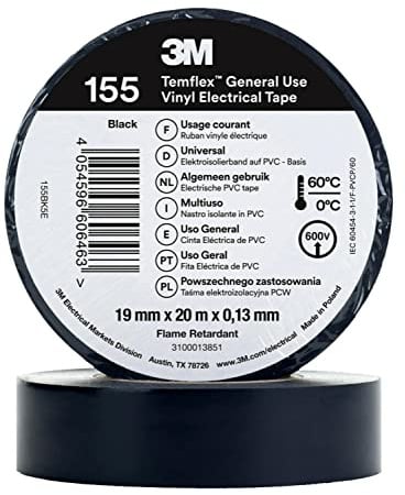 3M Temflex 155 - Cinta aislante (vinilo, 0,13 mm x 19 mm x 20 m), color negro