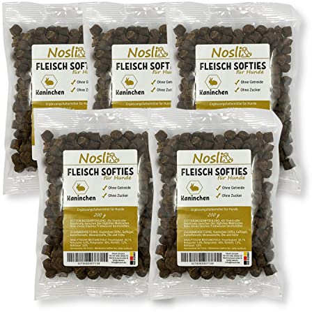 Nosli Fleisch Softies Trainingsleckerli für Hunde, Kaninchen 5x200g | Weiche Hundeleckerli mit Kaninchen, getreidefrei, hoher Fleischanteil, ideal für Training und Belohnung