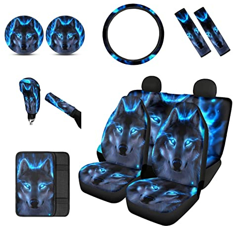 chaqlin 12-teiliges Set Neonblaue Wolf Autositzbezüge, Universal-Autositzbezüge für Vorder- und Rücksitze, Set mit Lenkradbezügen, Armlehnenbezug, Sitzgurtpolsterbezug für Damen und Herren