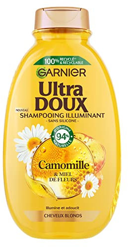 Garnier Ultra Doux - Shampooing Illuminant pour Cheveux Blonds naturels ou méchés - Camomille et Miel de Fleurs - Sans Silicone - Hommes et Femmes - 300 ml