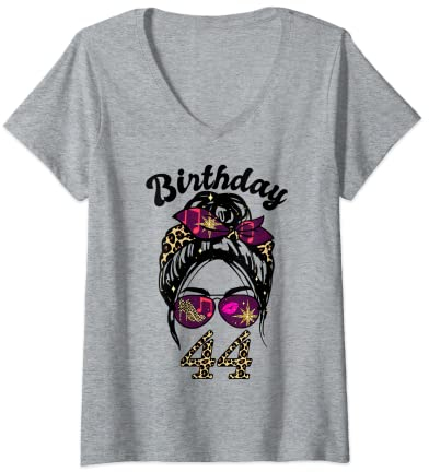 Damen 44 Years Old Fabulous Messy Bun Leopard 44. Geburtstag Squad T-Shirt mit V-Ausschnitt
