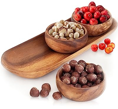 cintika Hand-Carved Set of 4 Acacia Calabash Bowls with Baguette Tray. Durable Wooden Bowl Set. Snack, nut, dip bowl. - Wooden Dinnerware set. 4 Round Wooden Bowls - 13 Wooden Tray