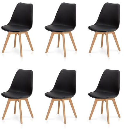 KHG 6er-Set Esszimmerstühle Polsterstuhl Skandi Look, LED, 150 kg, bis 150 | Stuhlbeine Massivholz Buche, Kunststoff Sitzschale, gepolstertes Kunstleder-Sitzkissen, modern & pflegeleicht, schwarz