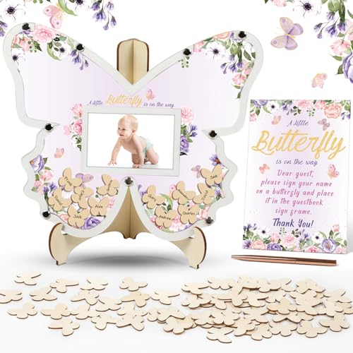 64 Stück Babyparty-Gästebuch-Alternative für 60 Gäste, Schmetterling, Babyparty, Gastgeschenke, Babyparty, Schild im Gästebuch, Holz, Babyparty, Dekorationen, Bilderrahmen für Geburtstagsschilder,