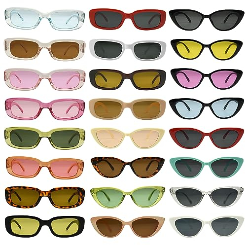 Kikuo 24Pcs Vintage Sonnenbrille Damen Cat Eye&Rechteckig, 90s Sonnenbrille Damen Retro, Retro Sonnenbrille Uv400 Damen für Outdoor-Aktivitäten, Sommer, Partys, Fahren