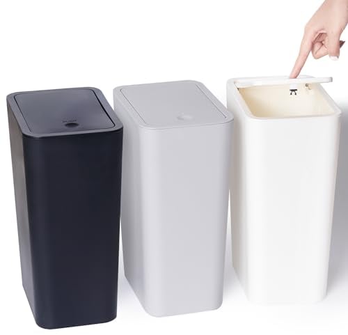 Vividron 3er Pack 10L Kleiner Mülleimer mit Deckel, Badezimmer Abfalleimer mit Druckdeckel, Kleiner Mülleimer/Abfallkorb für Badezimmer, Küche, Büro, Schlafzimmer (Schwarz, Weiß, Grau)