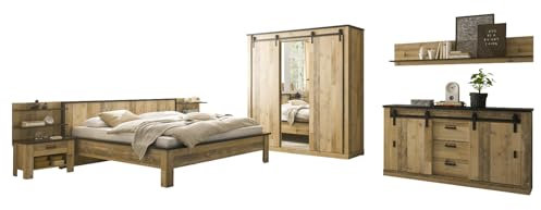 Schlafzimmer Set in Used Wood hell und anthrazit mit Bett 180 cm, Kleiderschrank, 2 x Wandpaneel, Wandboard, 2x Nachttisch, Sideboard Schlafzimmermöbel Kombination komplett 8-teilig Stove (Set 3)